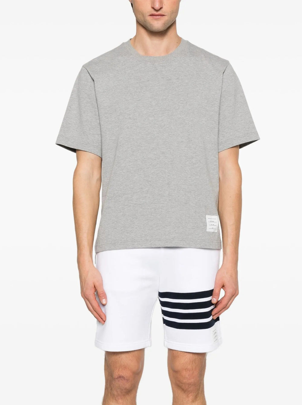 Thom Browne Men Grey Crewneck T-Shirt With Logo Patch On The Front And Striped Detail On The Rear In Cotton Man