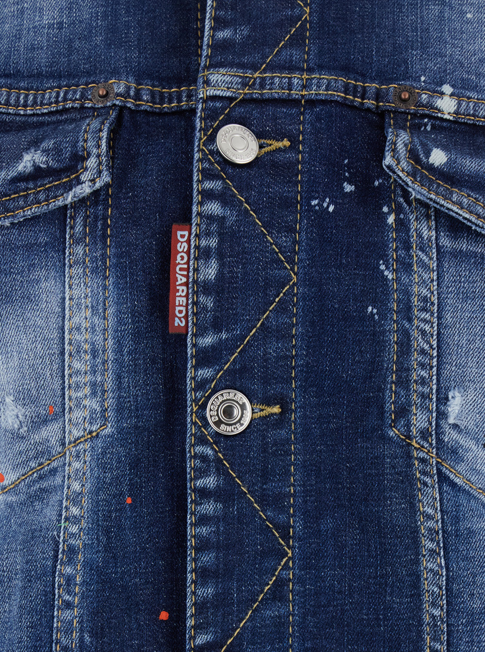 Dsquared2 Men 'Dan' Blue Jacket With Classic Collar And All-Over Painted Details In Denim Man