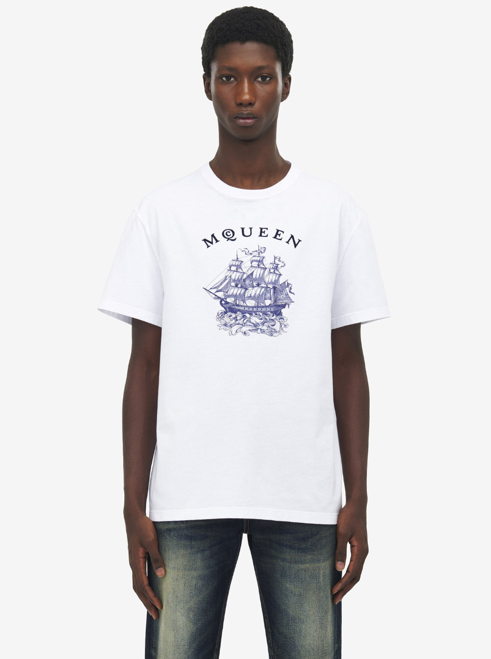 Alexander Mcqueen Men White Crewneck T-Shirt With Logo Print On The Front In Cotton Man