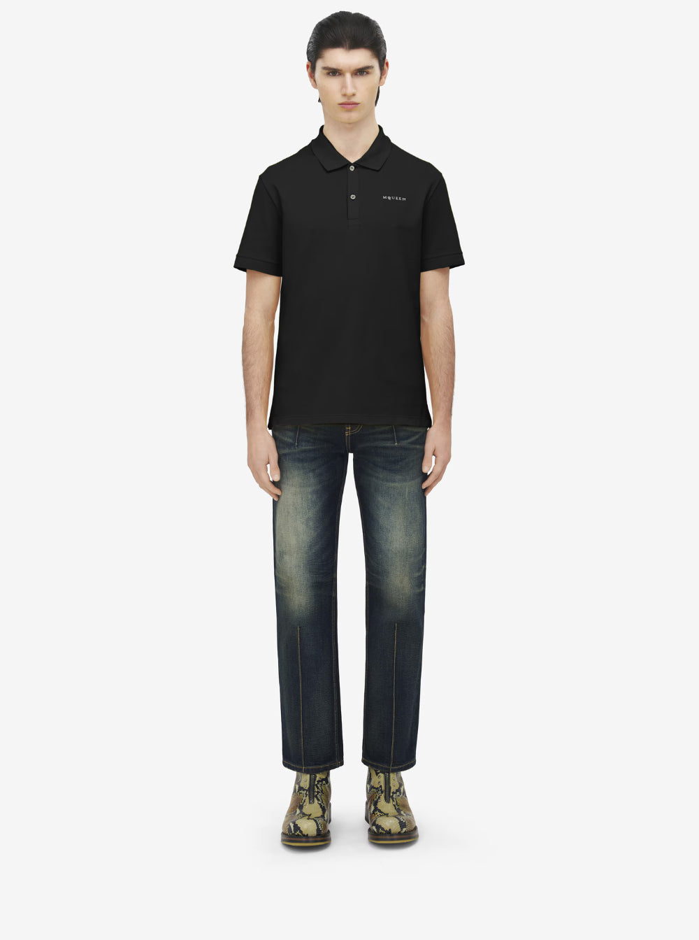 Alexander Mcqueen Men Black Polo Shirt With Classic Collar And Logo Lettering Embroidery On The Front In Cotton Man