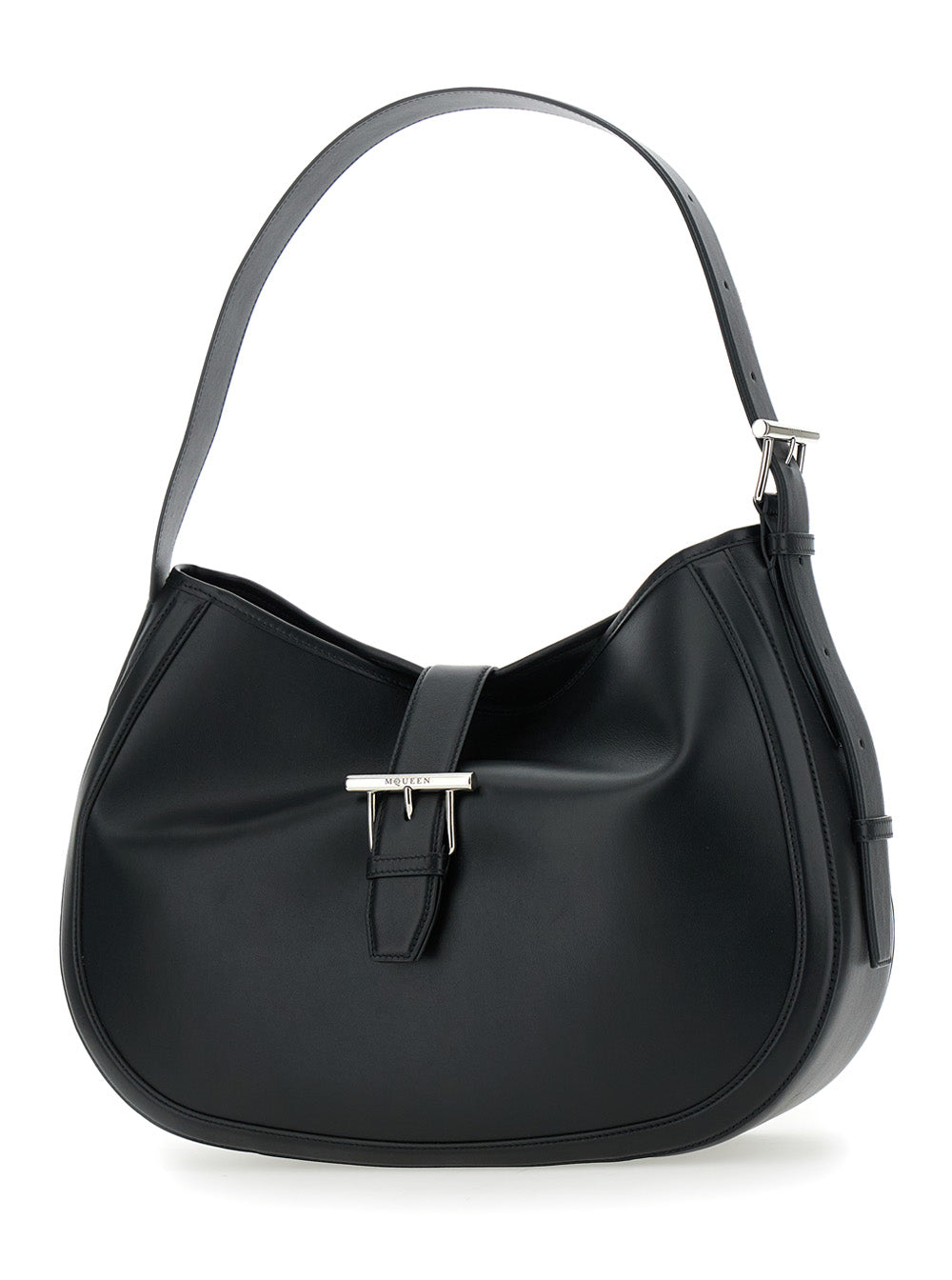 Alexander Mcqueen Women Black Shoulder Bag With Adjustable Shoulder Strap And T Buckle Closure On The Front In Leather Woman