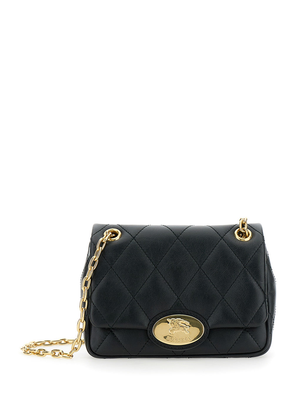 Burberry Women Black Quilted Crossbody Bag With Ekd Plaque On The Front And Chain-Link Shoulder Strap In Leather Woman