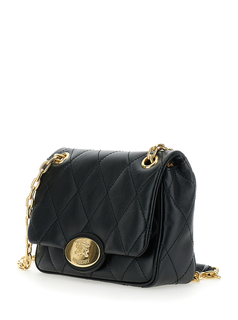 Burberry Women Black Quilted Crossbody Bag With Ekd Plaque On The Front And Chain-Link Shoulder Strap In Leather Woman