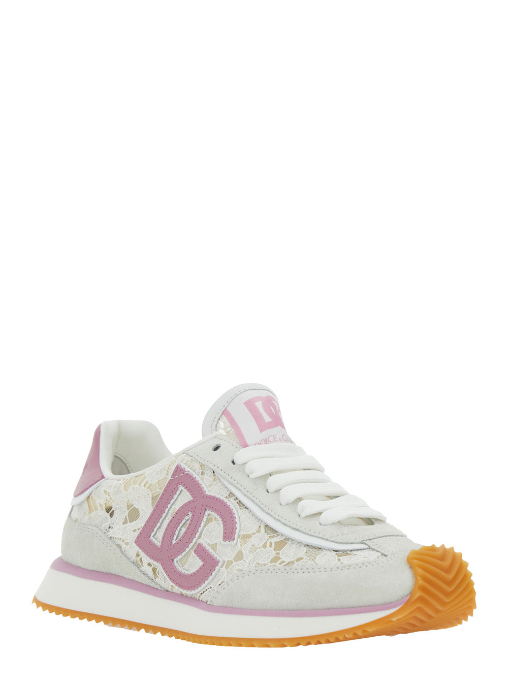 Dolce & Gabbana Women White Low Top With Lace Details And Dg Patch On The Side In Fabric And Suede Blend Woman