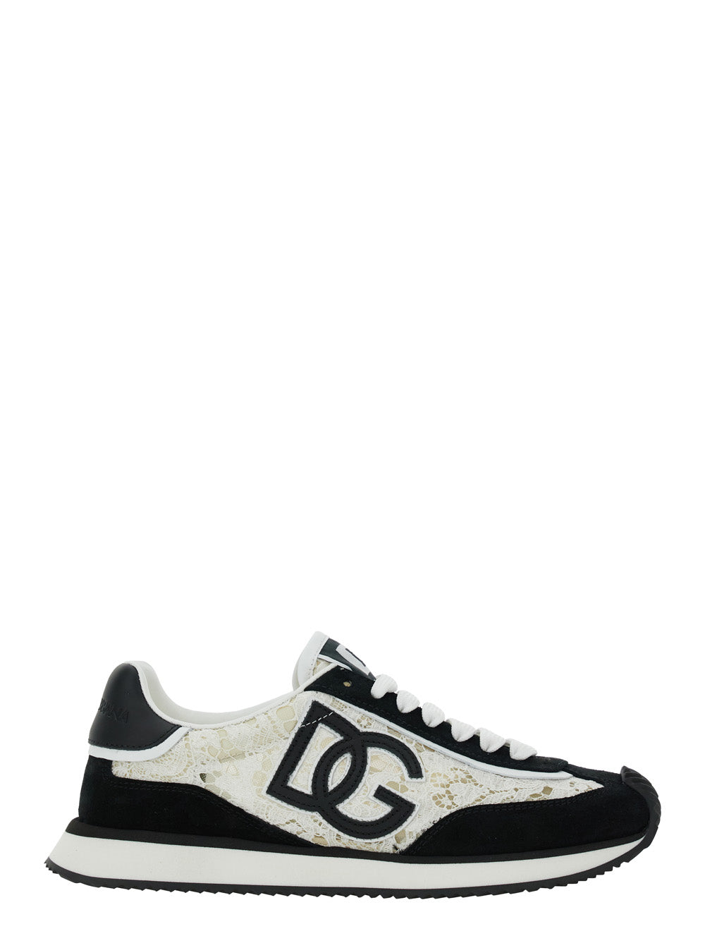 Dolce & Gabbana Women Black And White Low Top With Lace Details And Dg Patch On The Side In Fabric And Suede Blend Woman