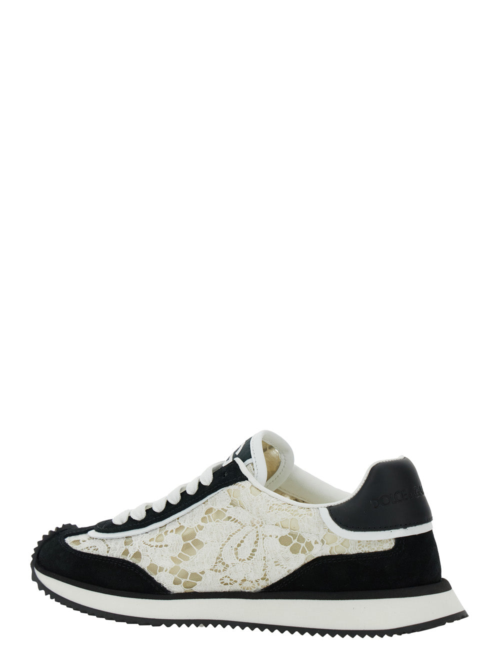 Dolce & Gabbana Women Black And White Low Top With Lace Details And Dg Patch On The Side In Fabric And Suede Blend Woman