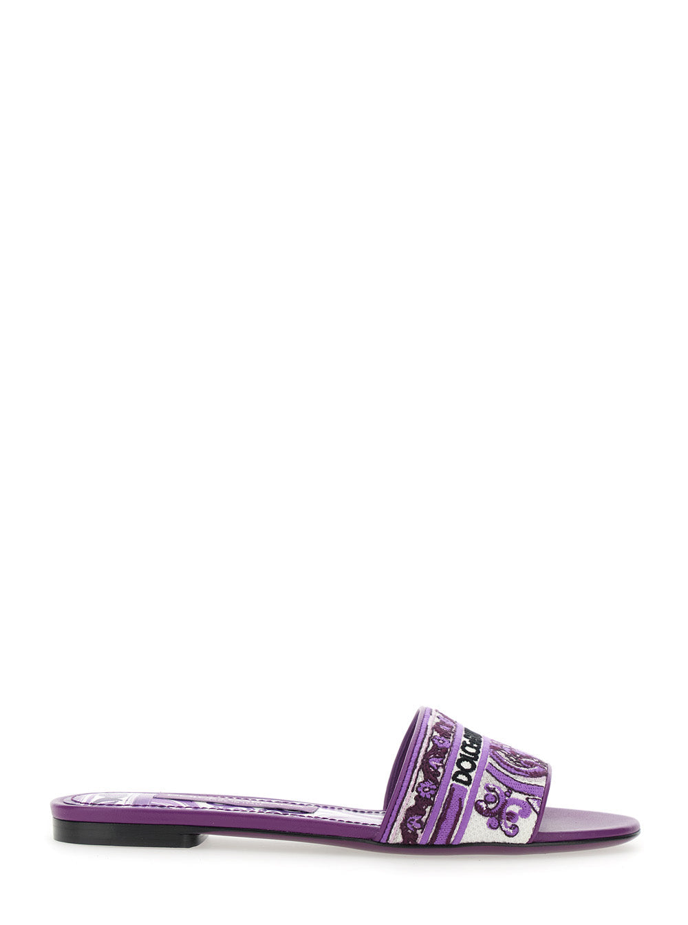 Dolce & Gabbana Women Violet Sandals With Logo Embroidery On The Front And All-Over Majolica Motif In Cotton Blend Woman