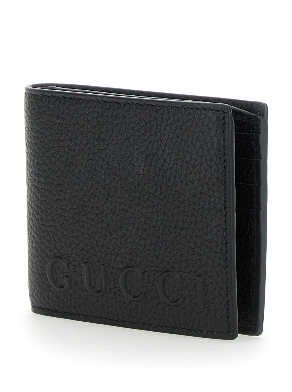 Gucci Men Black Bi-Fold Wallet With Embossed Logo Lettering On The Front In Grained Leather Man