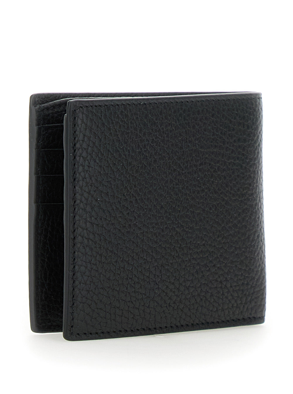 Gucci Men Black Bi-Fold Wallet With Embossed Logo Lettering On The Front In Grained Leather Man