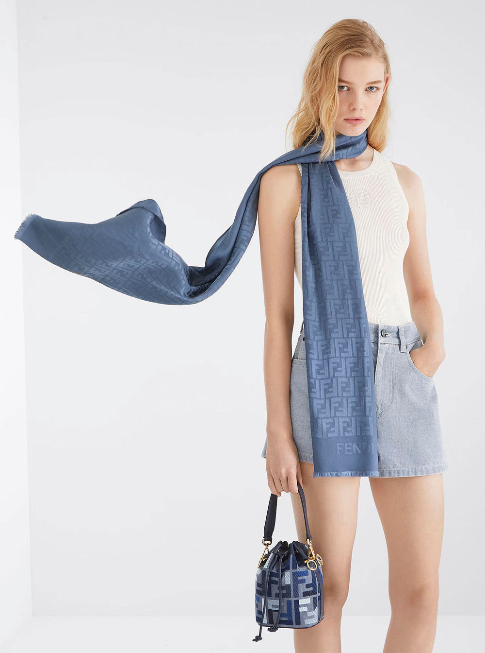 Fendi Women ‘Mon Tresor Mini’ Blue Bucket Bag With Drawstring Closure And All-Over Ff Motif In Cotton Blend Woman