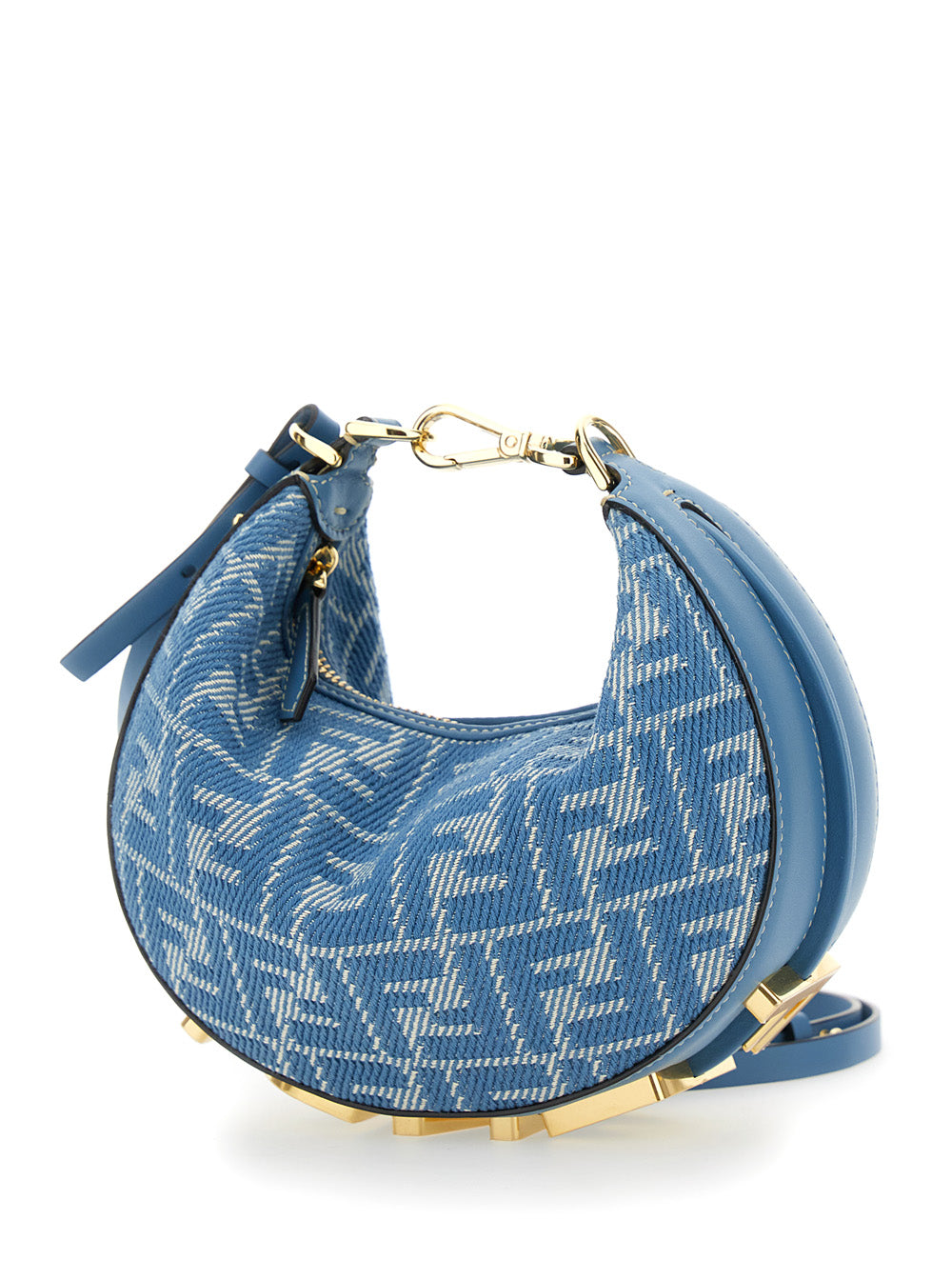 Fendi Women 'Fendigraphy' Blue Mini Bag With All-Over Ff Motif And Metal Lettering Logo On The Bottom In Cotton Woman