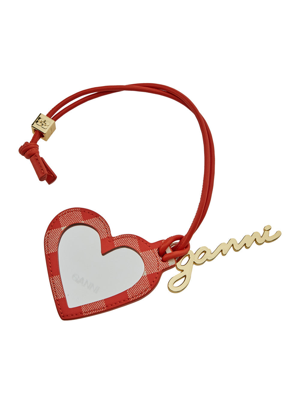 Ganni Women Red Heart Shaped Mirror With Logo Lettering Charm In Tech Fabric And Leather Woman