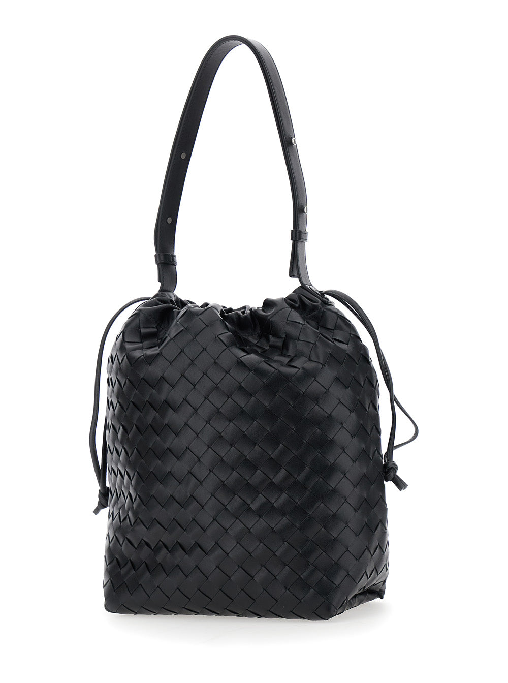 Bottega Veneta Men Black Shoulder Bag With Drawstring Closure And Intrecciato Motif In Leather Man