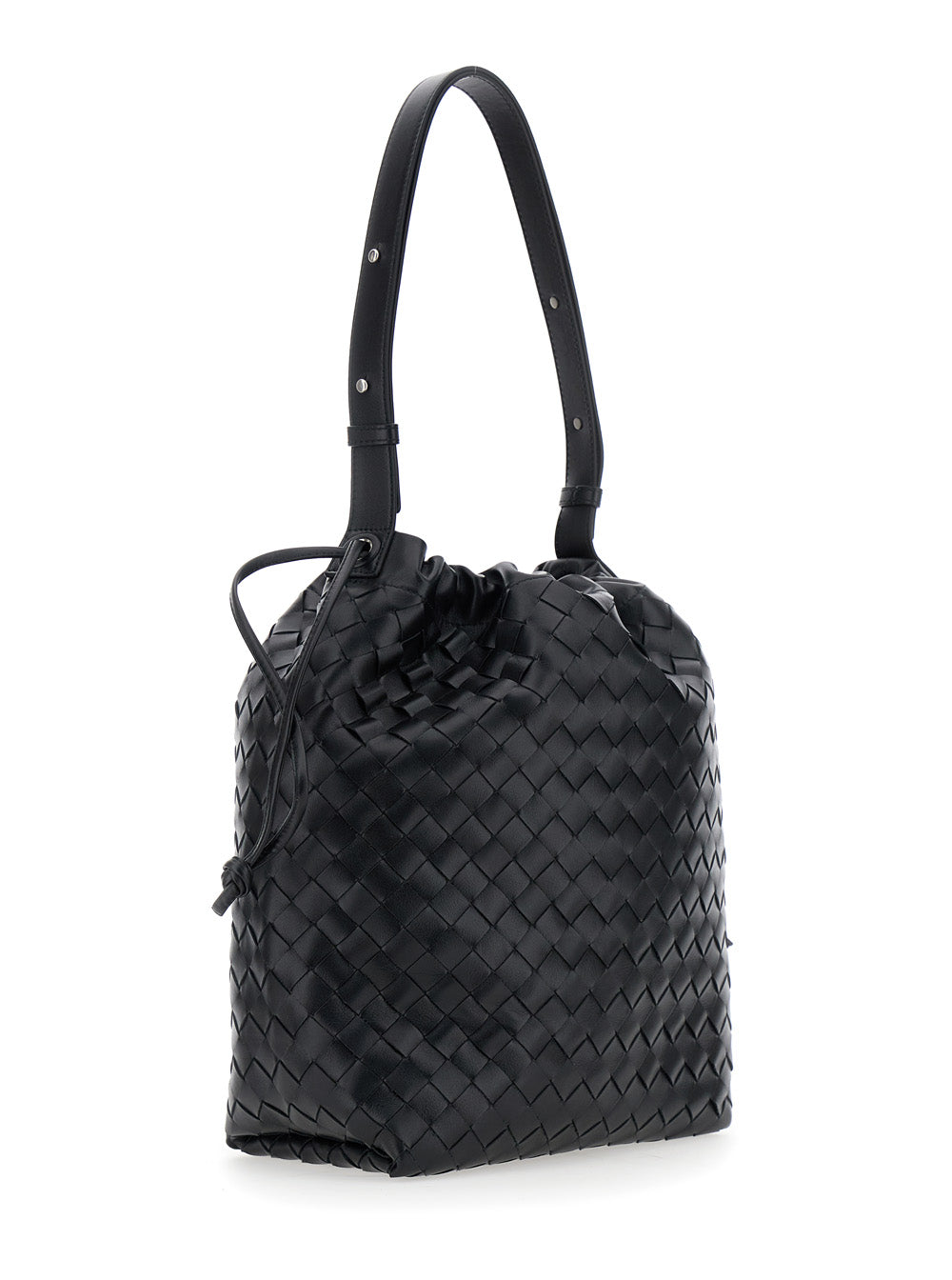 Bottega Veneta Men Black Shoulder Bag With Drawstring Closure And Intrecciato Motif In Leather Man