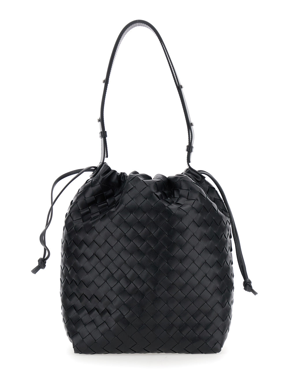 Bottega Veneta Men Black Shoulder Bag With Drawstring Closure And Intrecciato Motif In Leather Man