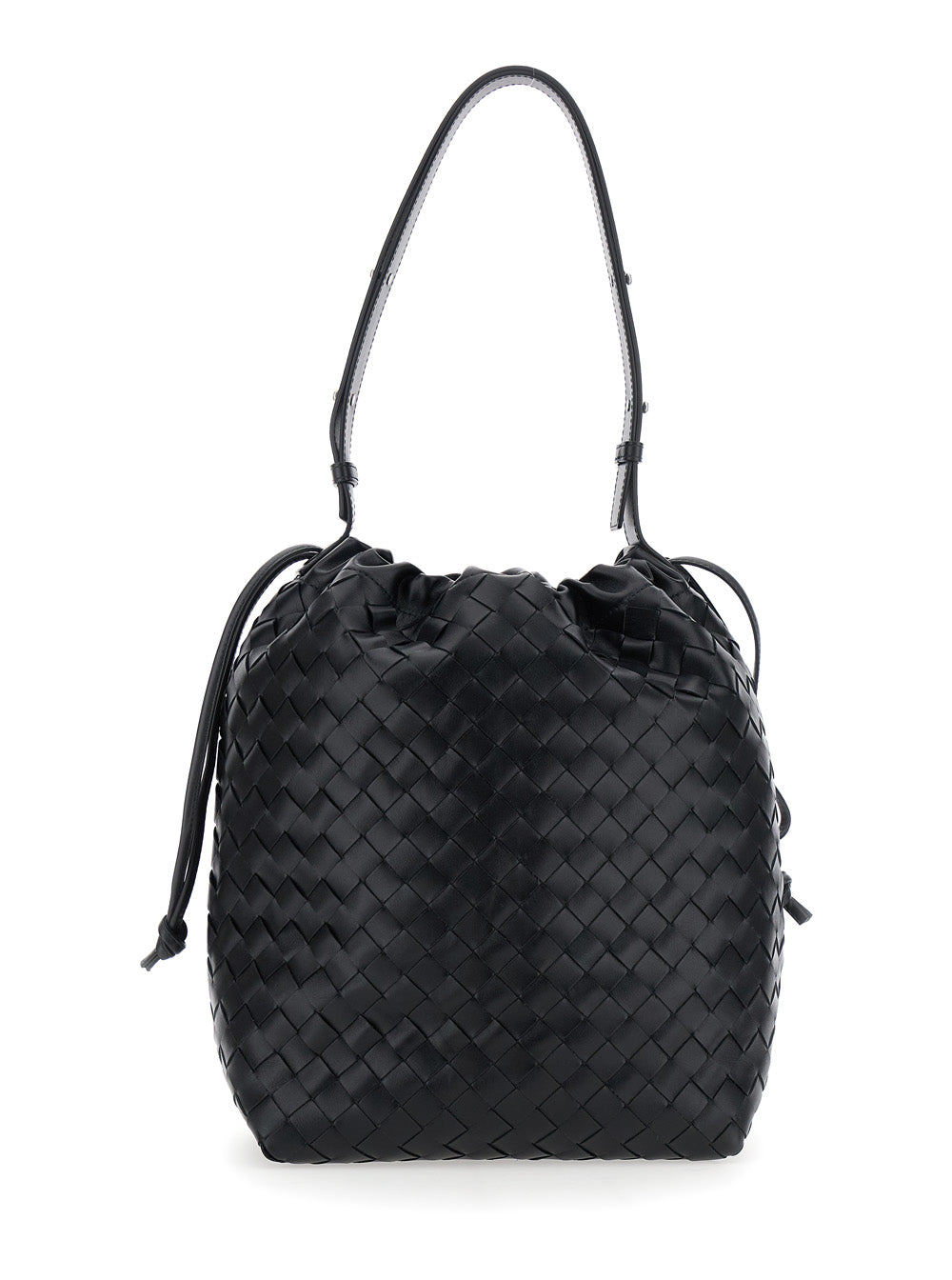 Bottega Veneta Men Black Shoulder Bag With Drawstring Closure And Intrecciato Motif In Leather Man