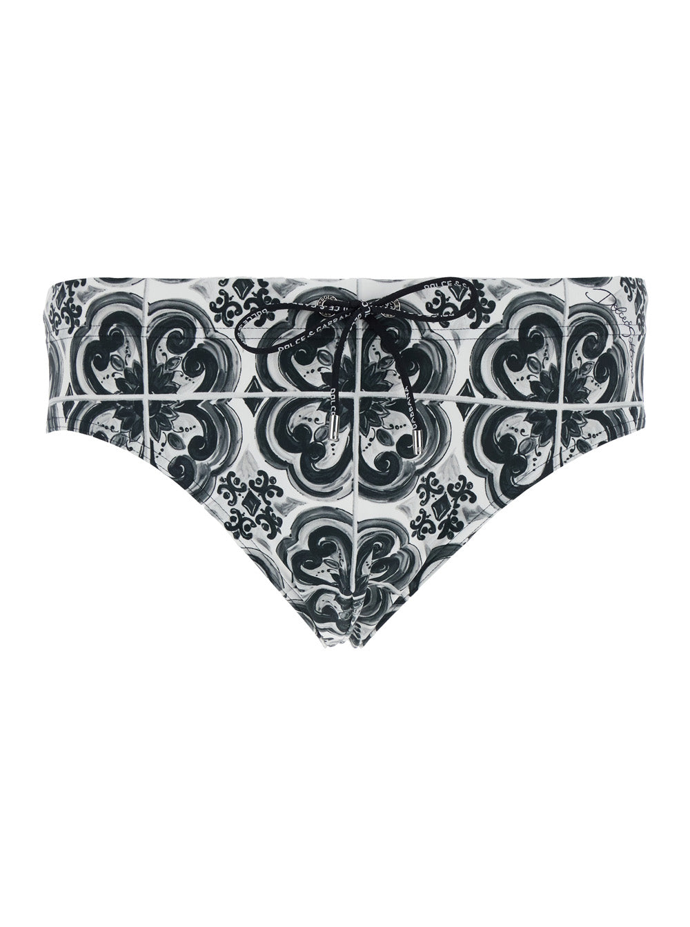 Dolce & Gabbana Men Black And White Swimsuit With All-Over Majolica Print In Techl Fabric Man