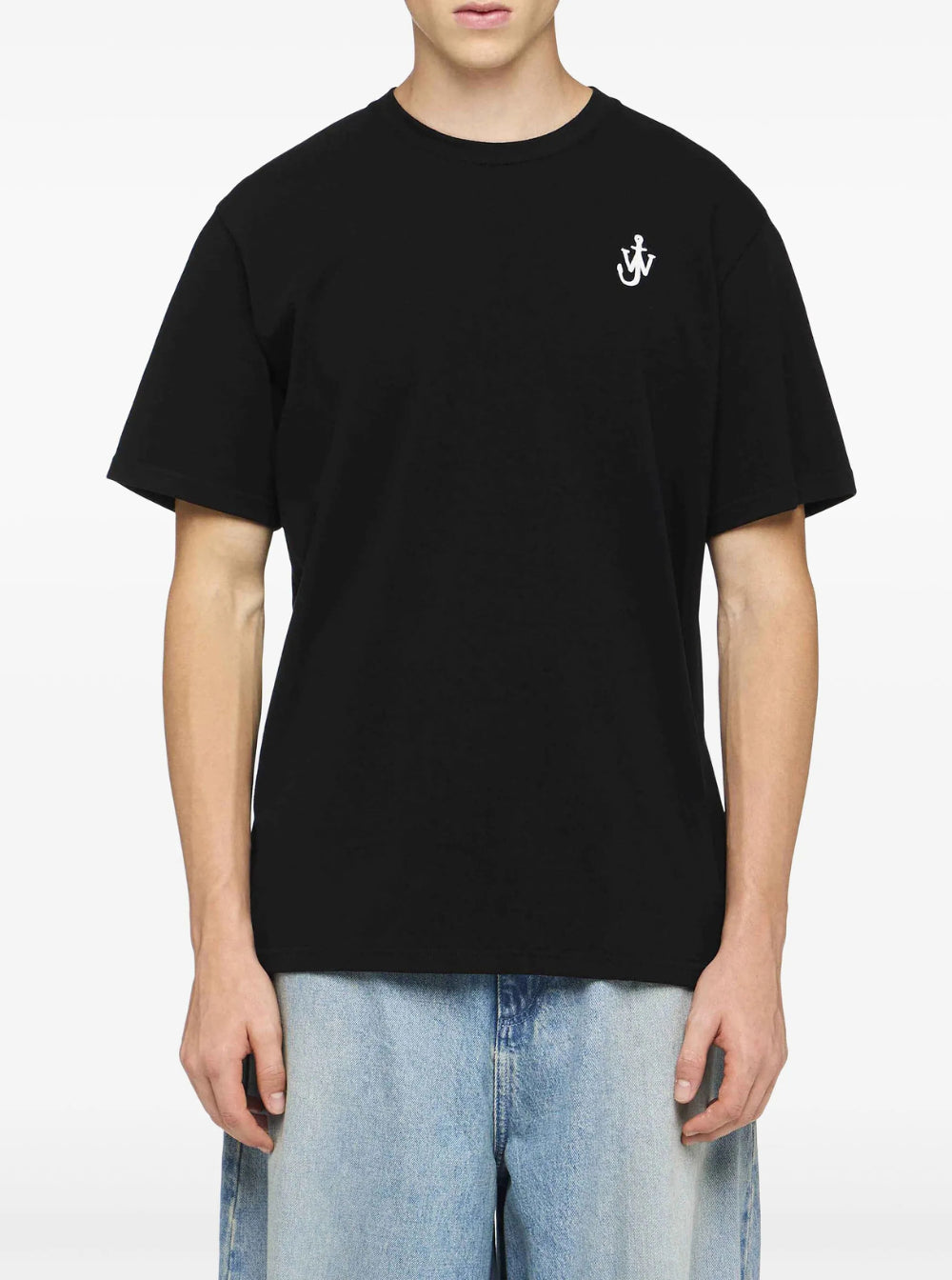Jw Anderson Men Black Crewneck T-Shirt With Anchor Embroidery On The Front In Cotton Man