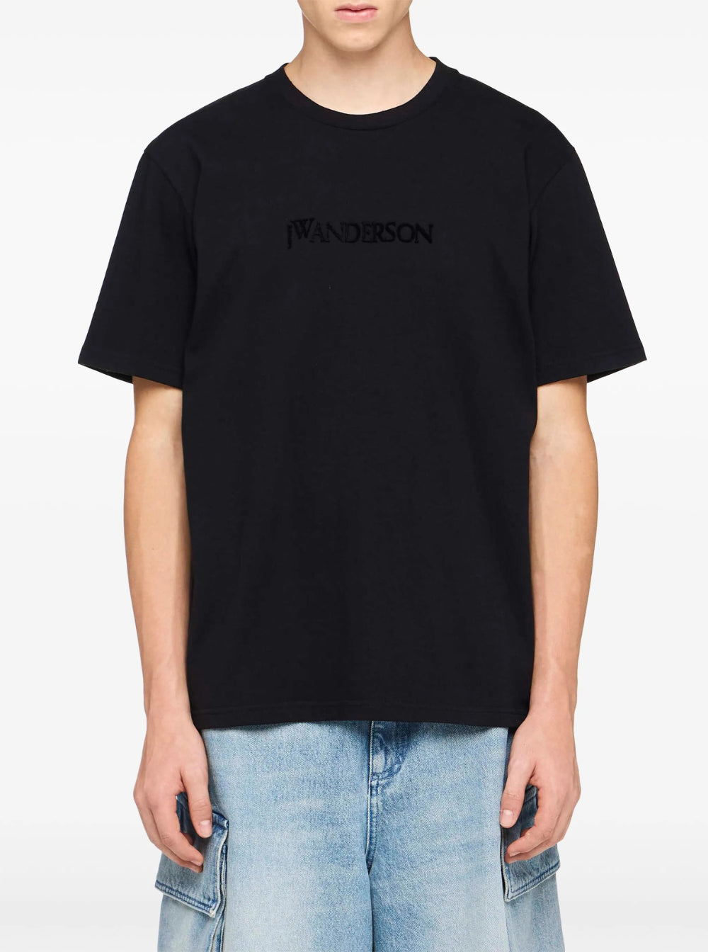 Jw Anderson Men Black Crewneck T-Shirt With Logo Lettering Embroidery On The Front In Cotton Man