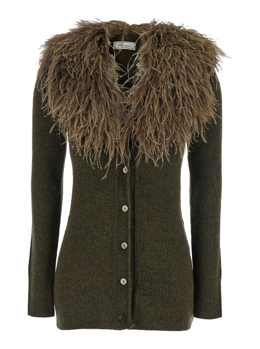 Blumarine Women Green Cardigan With Removable Feather Collar In Wool Woman