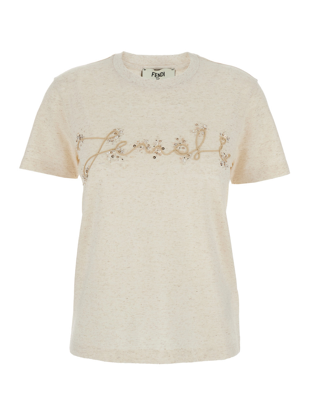 Fendi Women Beige Crewneck T-Shirt With Logo Embroidery On The Front And Rhinestone Details In Cotton Blend Jersey Woman