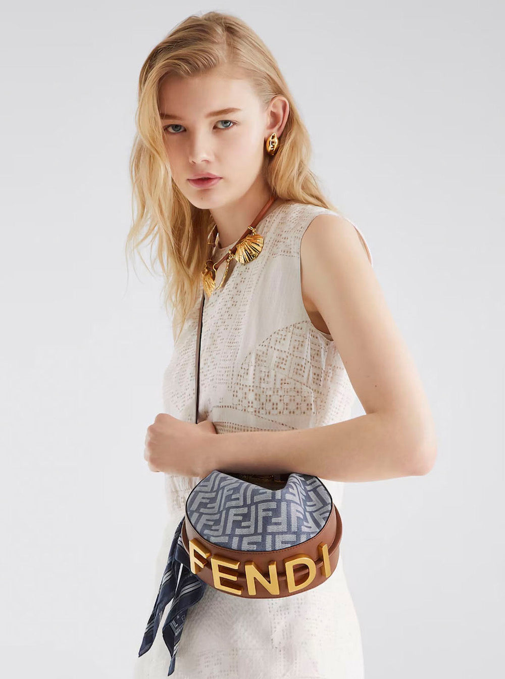 Fendi Women 'Fendigraphy' Blue Mini Handbag With Logo Lettering And All-Over Ff Motif In Cotton Blend Woman