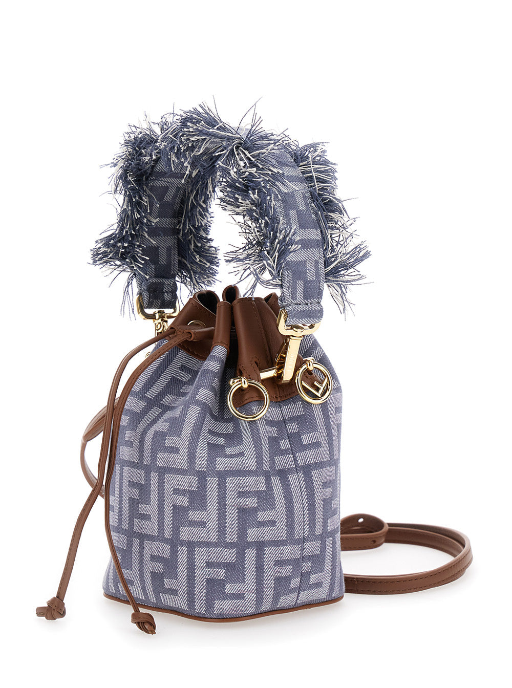 Fendi Women 'Mon Tresor' Blue Mini Handbag With Fringed Handle And Adjustable And Removable Shoulder Strap In Cotton Bòemd Woman