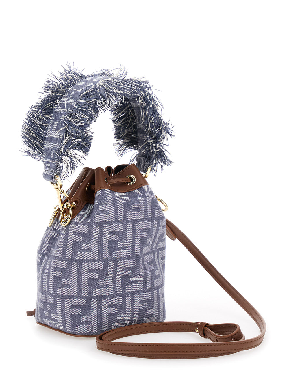 Fendi Women 'Mon Tresor' Blue Mini Handbag With Fringed Handle And Adjustable And Removable Shoulder Strap In Cotton Bòemd Woman