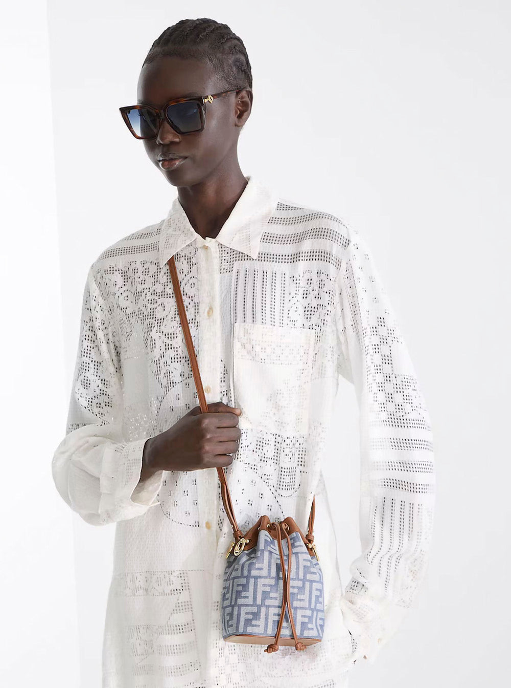 Fendi Women 'Mon Tresor' Blue Mini Handbag With Fringed Handle And Adjustable And Removable Shoulder Strap In Cotton Bòemd Woman