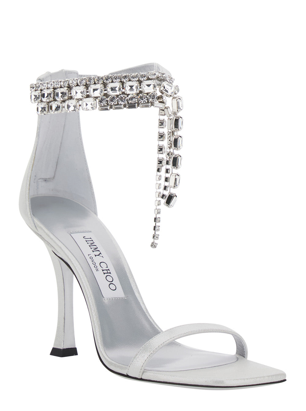 Jimmy Choo Women 'Crystal' Metallic Sandals With Rhinestoned Ankle Strap And High Curved Heel In Leather Woman