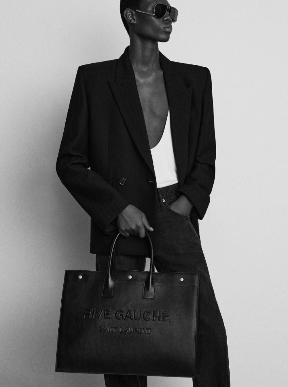 Saint Laurent Men Rive Gauche Large Tote Bag In Black Smooth Leather Man