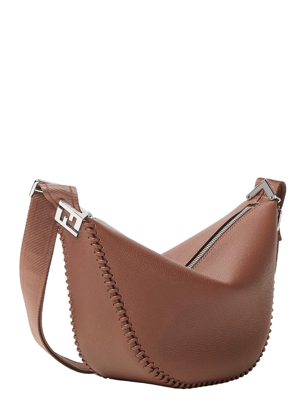 Fendi Men 'Melon Small' Brown Crossbody Bag  With Logo Strap And Metallic Ffs On The Sides In Leather Man