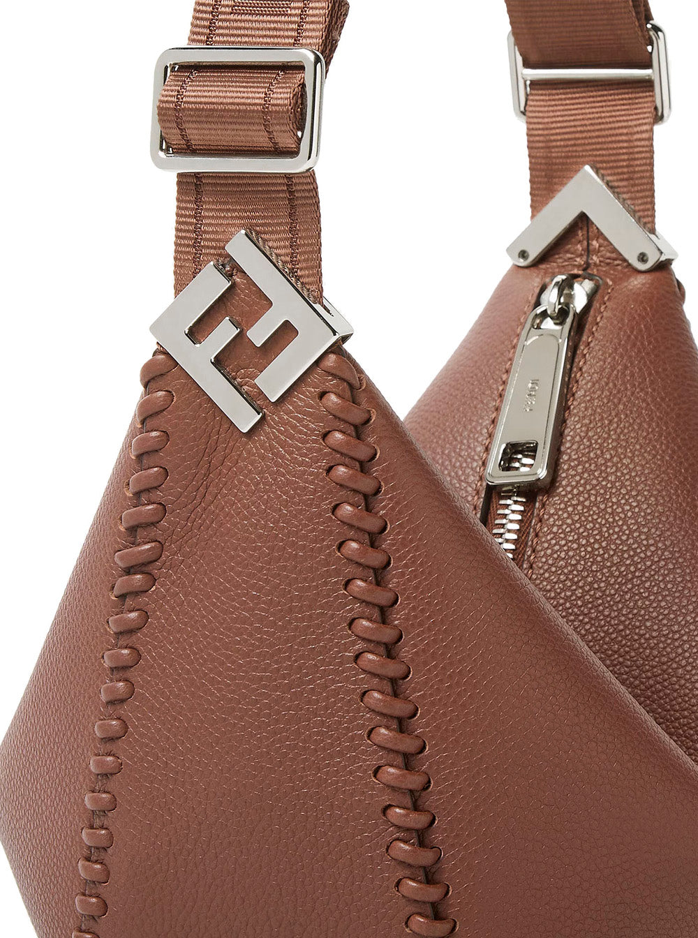 Fendi Men 'Melon Small' Brown Crossbody Bag  With Logo Strap And Metallic Ffs On The Sides In Leather Man