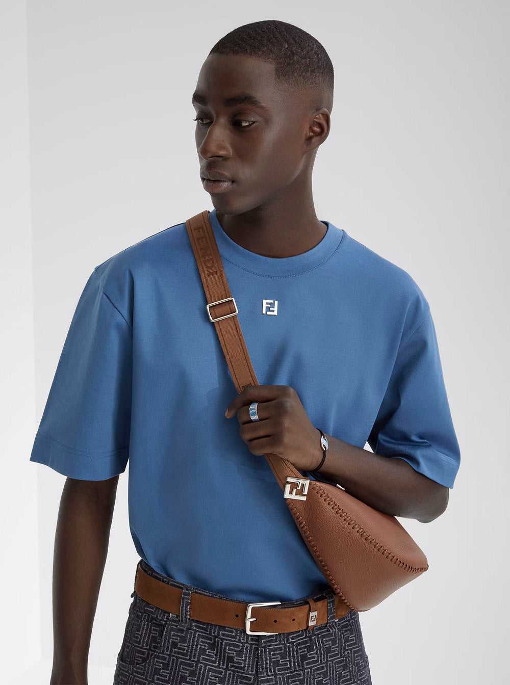Fendi Men 'Melon Small' Brown Crossbody Bag  With Logo Strap And Metallic Ffs On The Sides In Leather Man