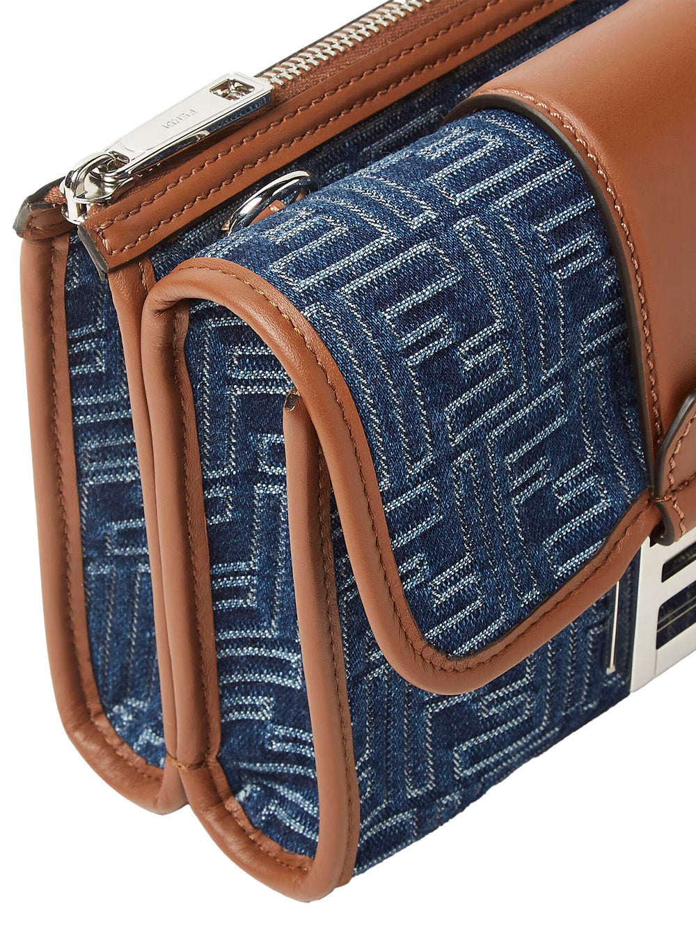 Fendi Men 'Baguette Double' Blue Crossbody Bag With Magnetic Ff Closure And All-Over Motif In Blue Cotton Man