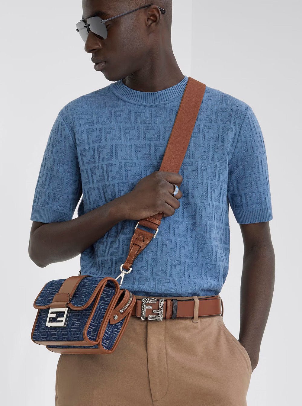 Fendi Men 'Baguette Double' Blue Crossbody Bag With Magnetic Ff Closure And All-Over Motif In Blue Cotton Man