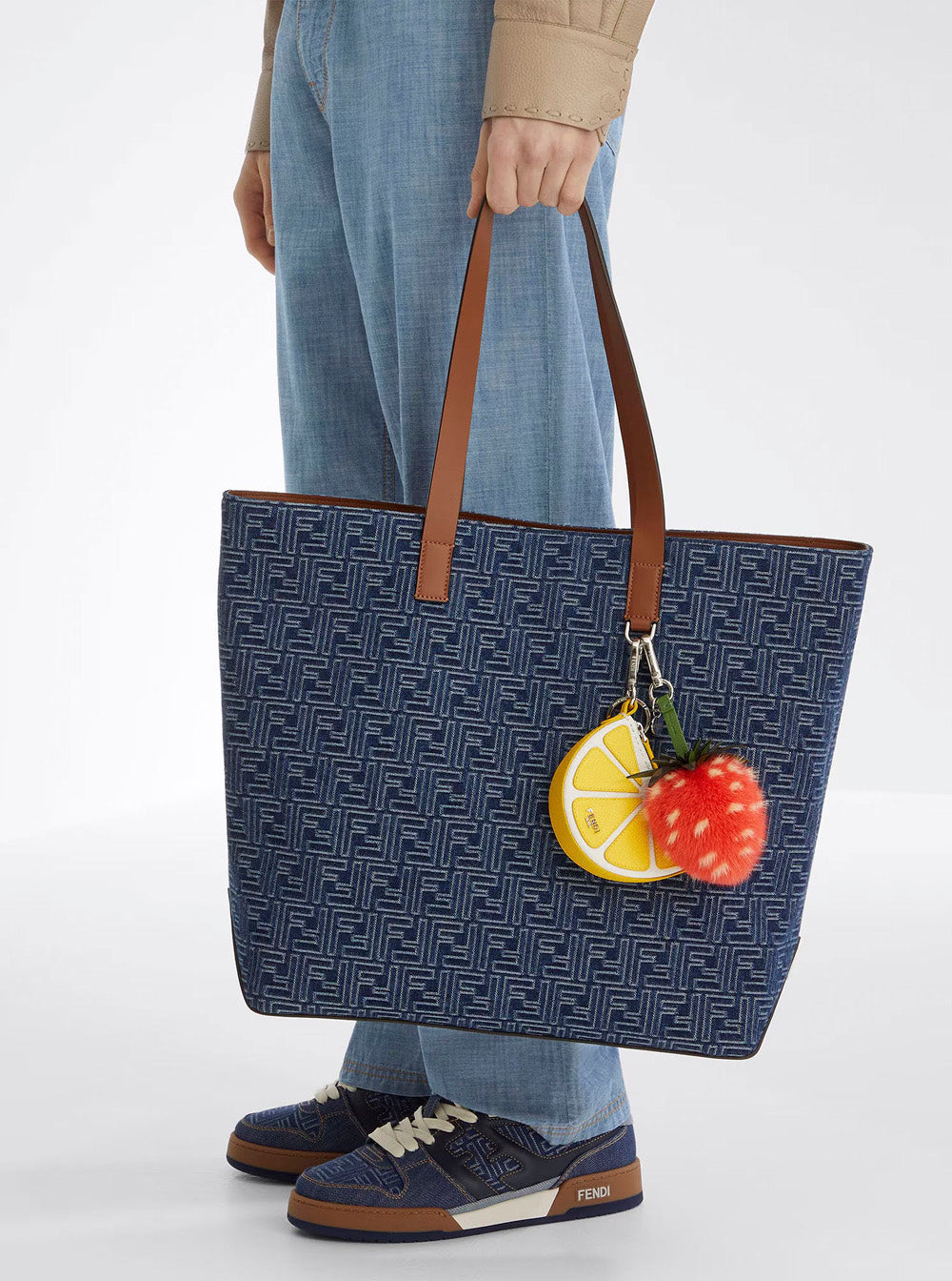 Fendi Men Blue Shopper With Long Handles And All Over Ff Motif In Cotton Man