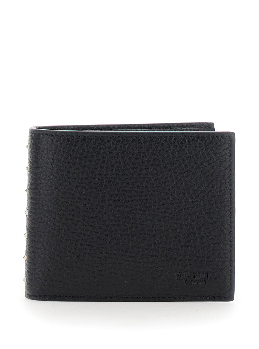 Valentino Garavani Men Black Bi-Fold Wallet With Rockstud Details In Grained Leather Man