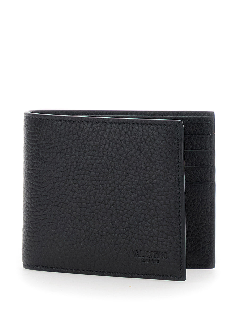 Valentino Garavani Men Black Bi-Fold Wallet With Rockstud Details In Grained Leather Man