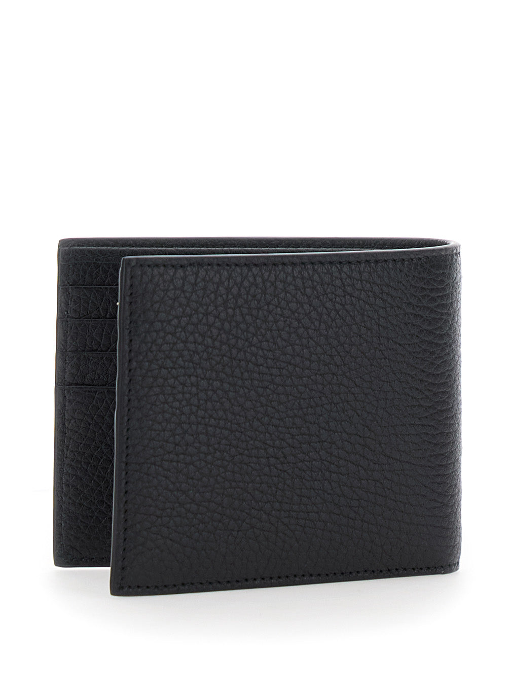 Valentino Garavani Men Black Bi-Fold Wallet With Rockstud Details In Grained Leather Man