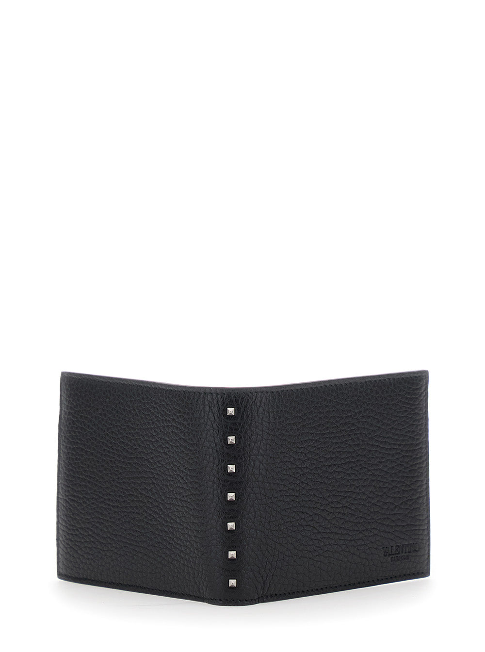 Valentino Garavani Men Black Bi-Fold Wallet With Rockstud Details In Grained Leather Man