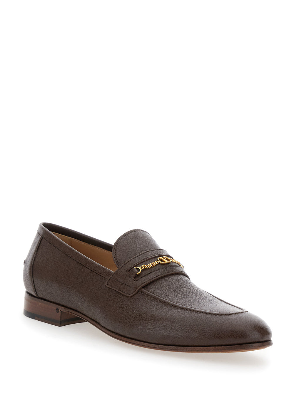 Valentino Garavani Men Brown Loafers With Decorative Vlogo Chain-Link Strap In Leather Man