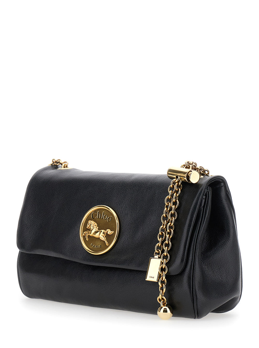 Chloé Women 'Heritage' Black Crossbody Bag With Chain-Link Shoulder Strap And Logo Plaque On The Front In Grained Leather Woman