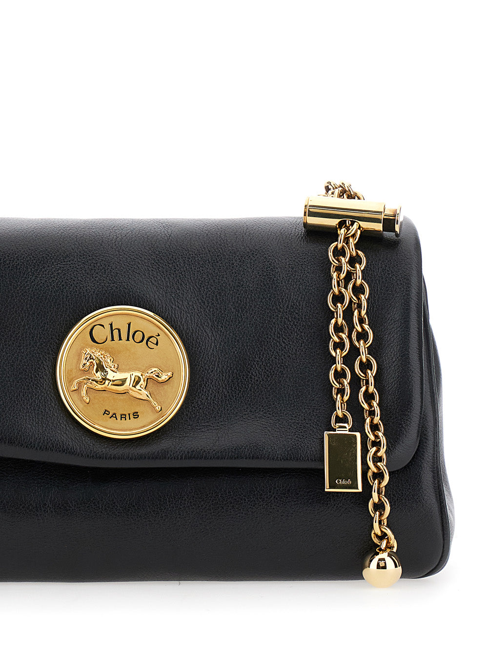 Chloé Women 'Heritage' Black Crossbody Bag With Chain-Link Shoulder Strap And Logo Plaque On The Front In Grained Leather Woman