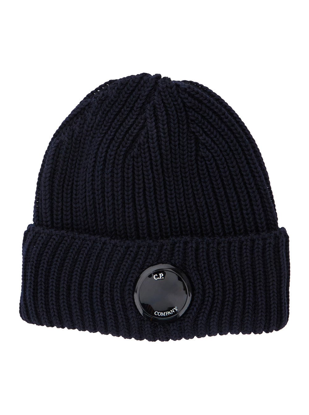 C.P. Company Men Blue Knit Beanie With Logo Plaque On The Front In Wool Man