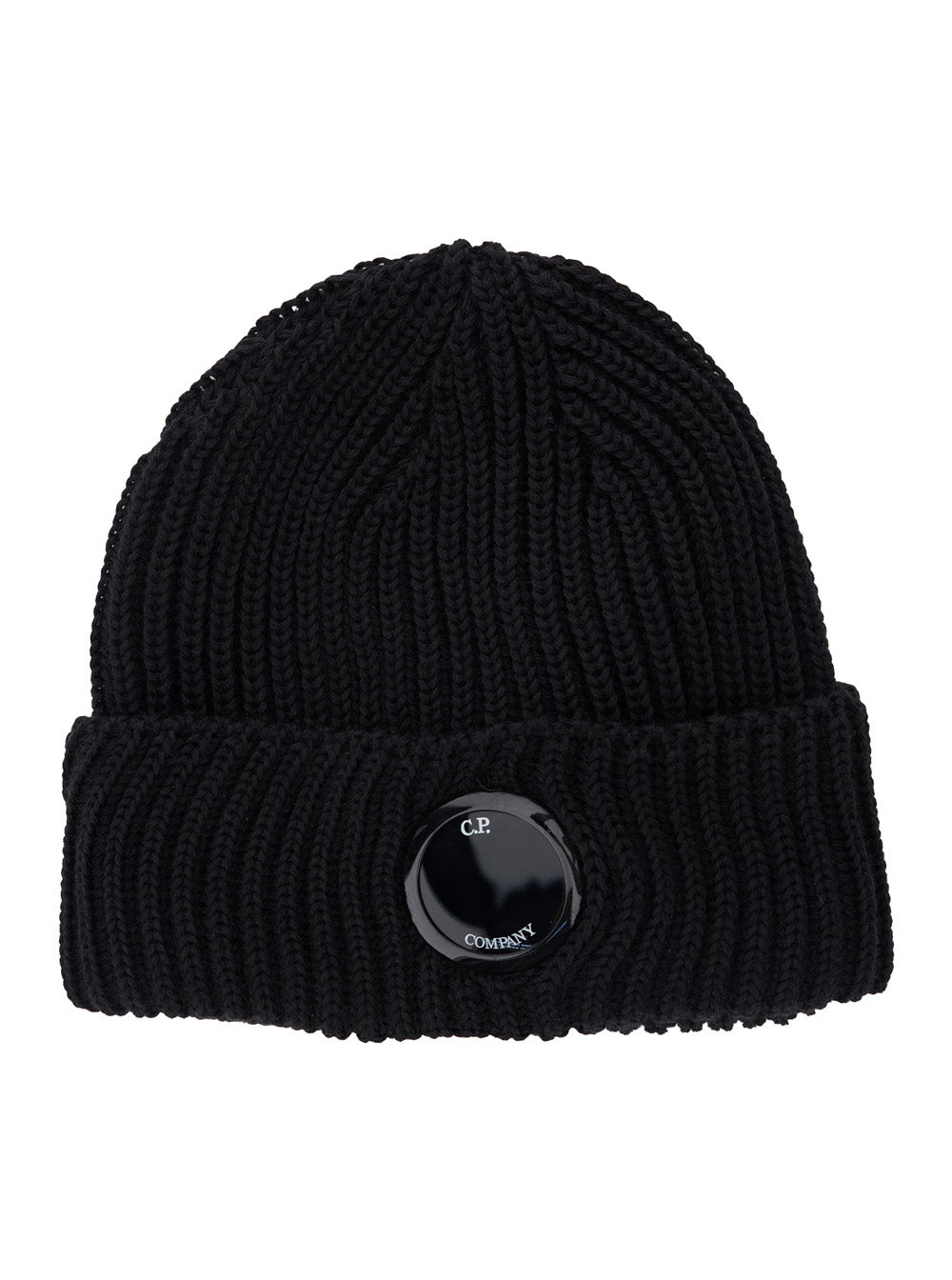 C.P. Company Men Black Knit Beanie With Logo Plaque On The Front In Wool Man