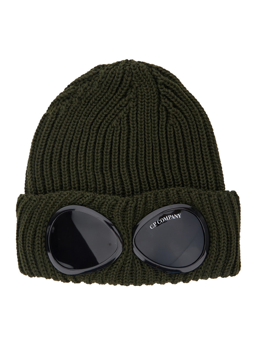 C.P. Company Men Green Knit Beanie With Googles Detail On The Front In Wool Man