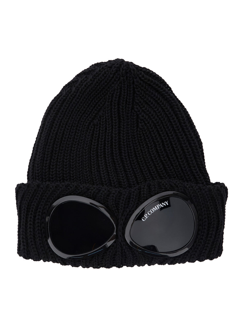 C.P. Company Men Black Knit Beanie With Googles Detail On The Front In Wool Man