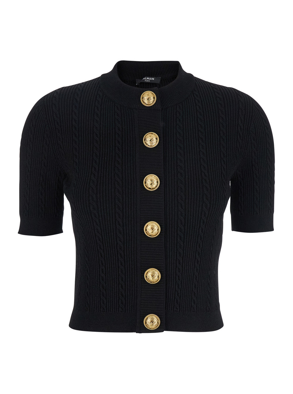 Balmain Women Black Crewneck Cardigan With Jewel Buttons In Viscose Blend Woman