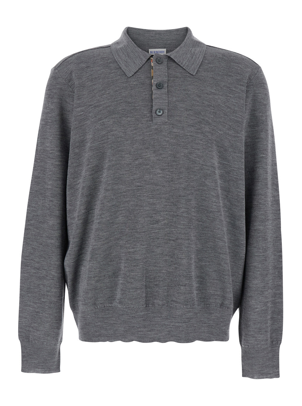Burberry Men Grey Polo Shirt With Classic Collar And Check Motif On The Collar In Wool Man